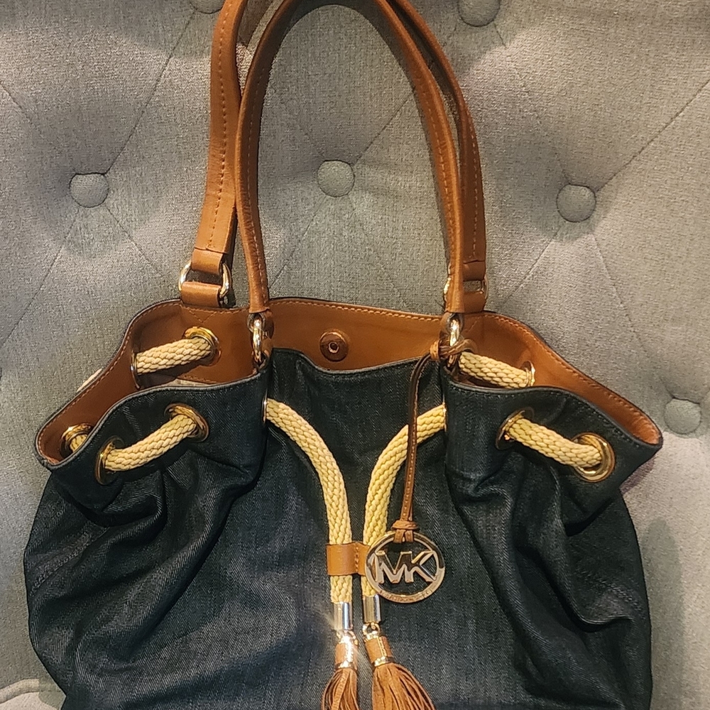 Michael Kors Denim and Brown Shoulder Bag